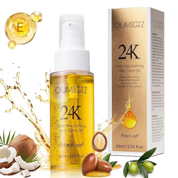 24K Gold Hair Oil, Repair Shine Serum with Coconut, Argan & Olive Oils - Heat Protectant and Frizz Control - Vegan, Lightweight Leave-In Treatment for Dry Damaged Hair (2.02 Fl Oz (Pack of 1))-FemmiqueWomen