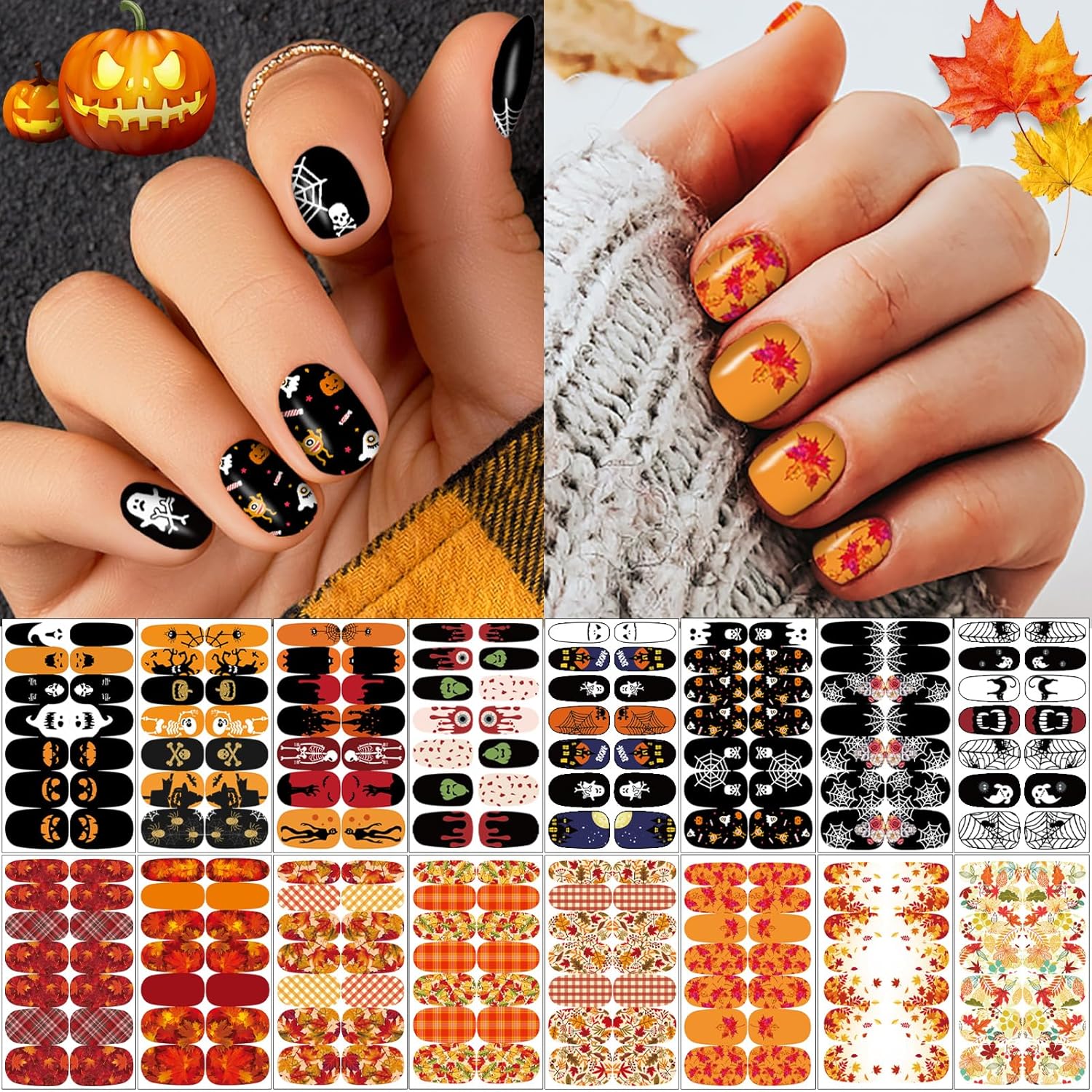 16 Sheets Holiday Nail Wraps Stickers, Halloween&Thanksgiving Day All Seasonal Full Nail Polish Strips, DIY Self-Adhesive Fall Winter Nail Art Decals with 2 Piece Nail Files for Party Decor (224 Pcs)-FemmiqueWomen