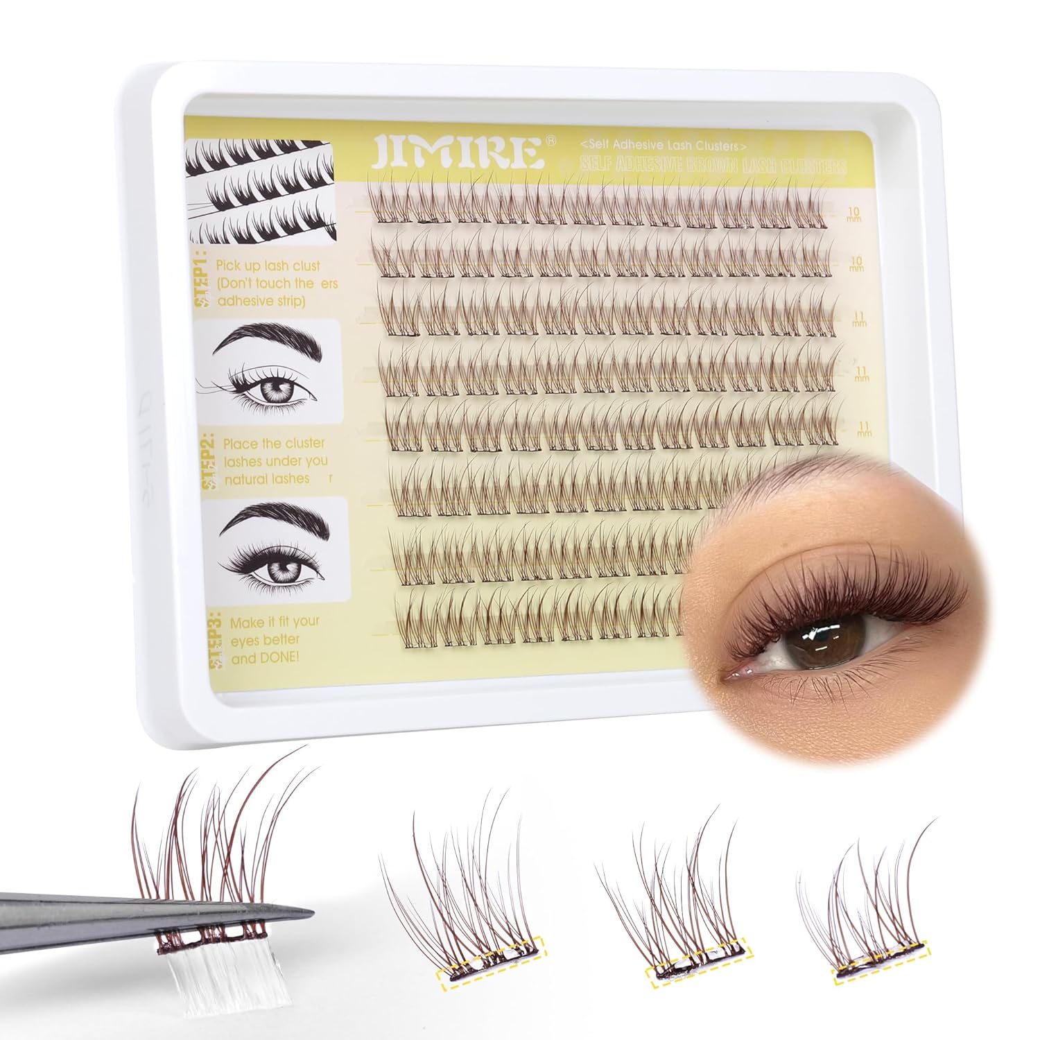 JIMIRE Brown Self-Adhesive Eyelashes - Press on Lash Clusters, Natural Look, Pre-Glued, Wispy 10-12MM Individual Lashes, Clear Band, Reusable Cluster Eyelash Extension-FemmiqueWomen