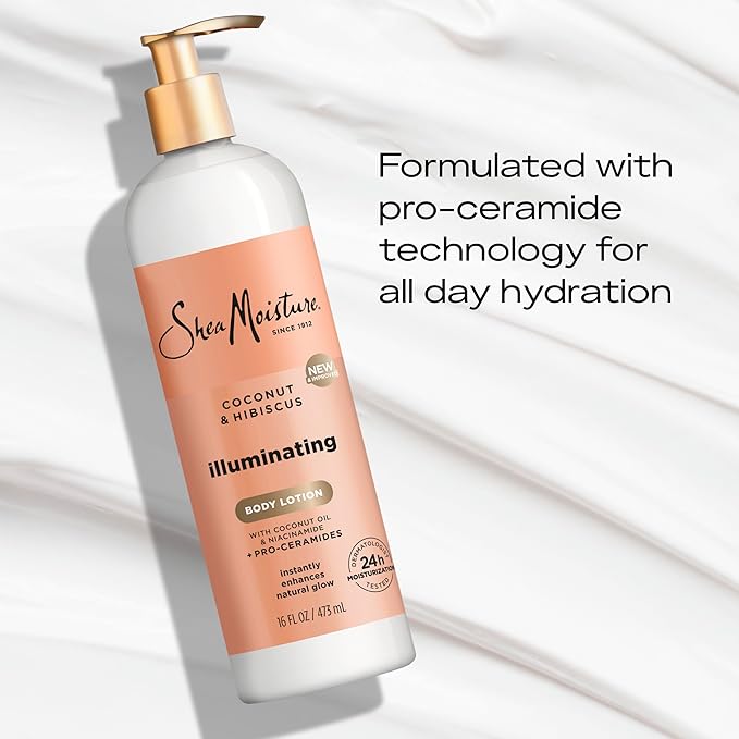 SheaMoisture Illuminating Body Lotion with Coconut Oil, Hibiscus, Niacinamide and Pro-Ceramides, Instantly Enhancing Skin's Natural Glow, 24H Moisturizing 16 oz-FemmiqueWomen