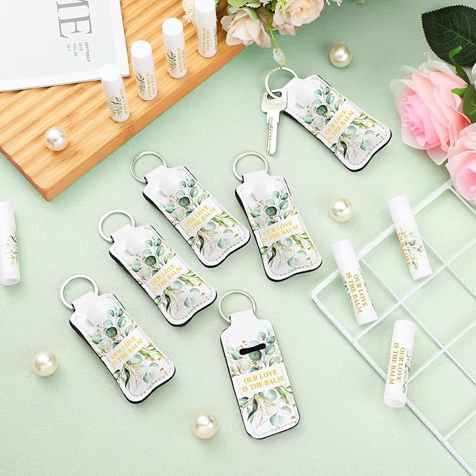 18 Sets Baby Shower Bridal Shower Favors for Guests Bulk Lip Balm and Lipstick Holder Keychains Set Baby Shower Bridal Shower Goodies Bags Thank You Gifts for Guests(Eucalyptus Wedding)-FemmiqueWomen