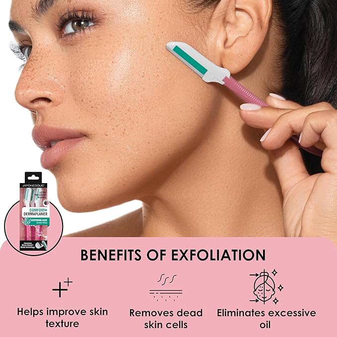 JAPONESQUE Dermaplaner with Soothing Aloe Comfort Strip - Skin Tool with Ultra Precision Blade for Facial Hair Removal and Exfoliation, 3pk.-FemmiqueWomen