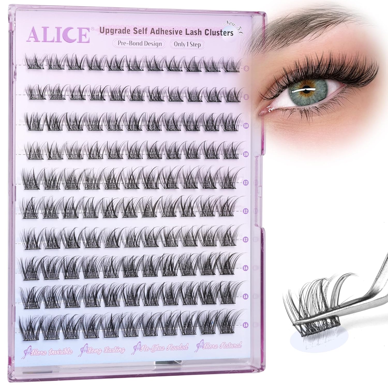 ALICE Self Adhesive Lashes Natural Look Self Adhesive Lash Clusters Wispy Reusable Press on Lashes Pre-Glue 8-14mm 120pcs C-Curly No Glue Needed Eyelashes-FemmiqueWomen