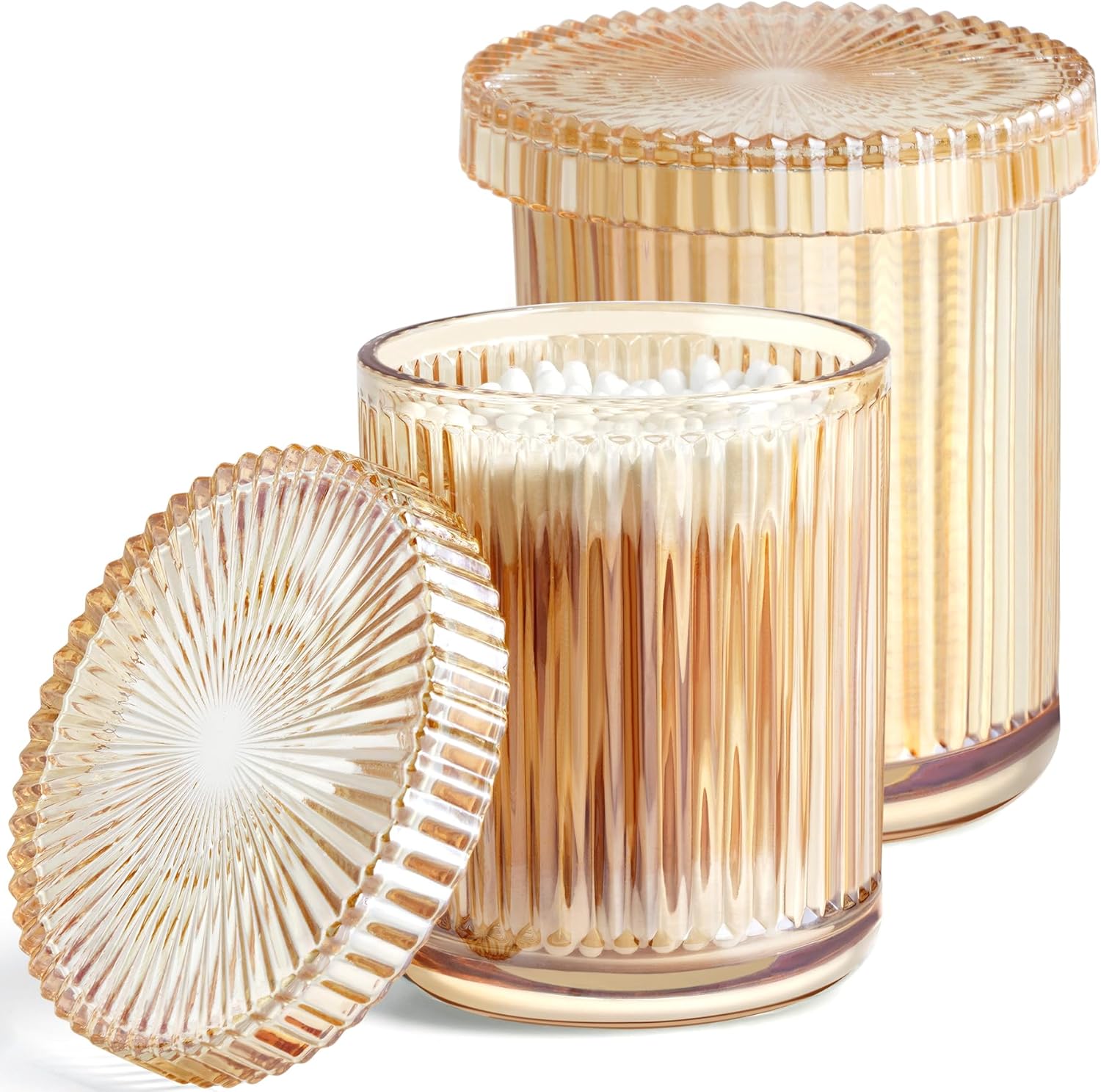 2 Pack Glass Qtip Holder Dispenser Set - Bathroom Organizer for Cotton Swabs, Balls, Pads, Floss Picks - Clear Apothecary Jars for Vanity, Makeup Storage, Bathroom Accessories Decor (Amber)-FemmiqueWomen