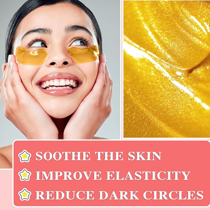 30 Pairs 24K Gold Under Eye Patches,Crystal Collagen Under Eye Mask,Puffy Eyes and Dark Circles Treatments,Moisturising&Hydrating Under Eye Patch Pads for Reducing Fine Lines Eye Bags(Gold)-FemmiqueWomen