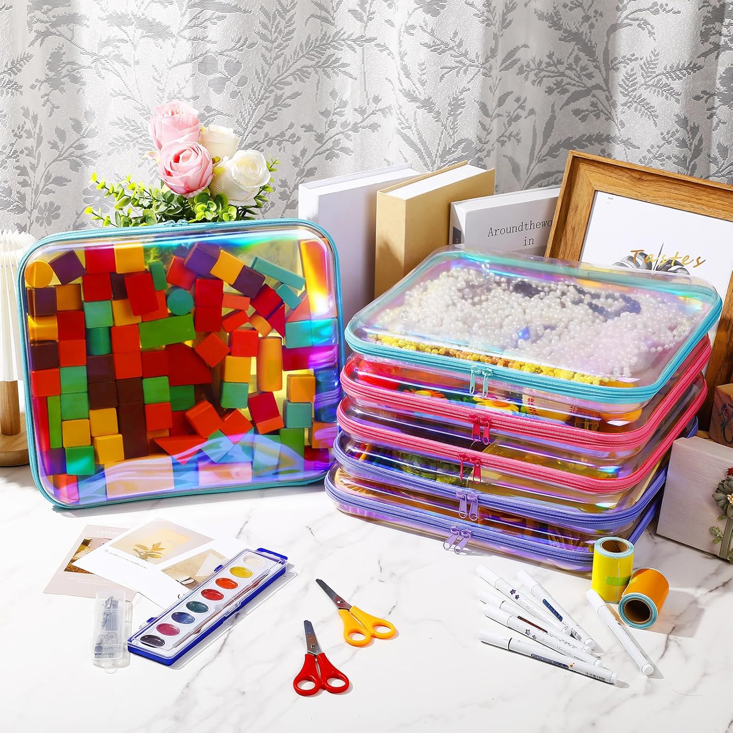 Sanwuta 6 Pcs Clear Hard Zipper Case Pencil Pouches Hard Plastic Zipper Pouches Makeup Bag Transparent Cases for Snacks Plastic Storage Organizer Box for Travel(Holographic,13.78 x 11.81 x 2 Inch)-FemmiqueWomen