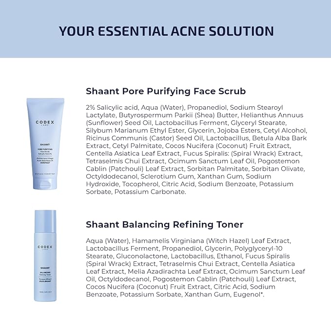 Codex Labs Shaant Deep Cleanse & Tone Kit, Pore Purifying Scrub (100g) & Refining Toner (100ml) - Oil Control & Pore Minimizer - for Acne Prone Skin - with 2% Salicylic Acid, 2% Gluconolactone (PHA)-FemmiqueWomen