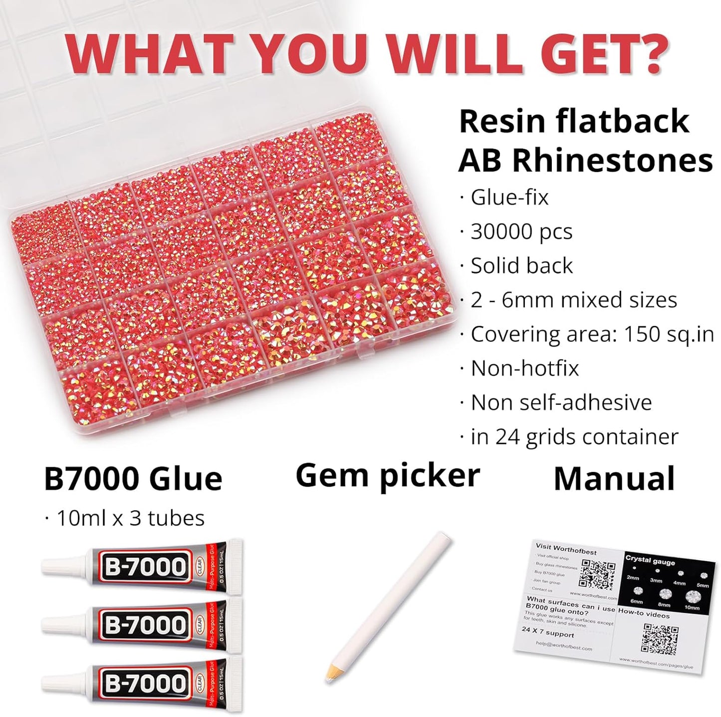 30000Pcs Resin Jelly Rhinestones Set for Crafting Bedazzling, Red ab Flatback Gems Jewels for Crafts Clothes Shoes Fabric Outfit Nails Makeup, Flat Back Crystal 2-6mm with b 7000 Glue-FemmiqueWomen