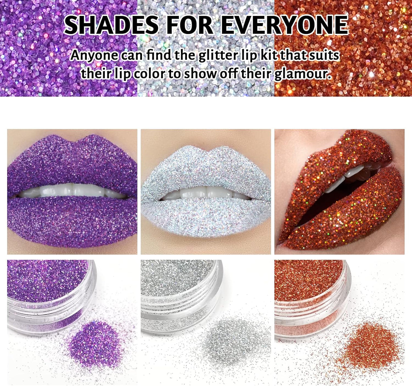3 Colors Glitter Lip Kit, Diamond and Metallic Powder With Primer, Waterproof Long Lasting & Smudge Proof, Shimmer Sparkly Cosmetic Without Sticky Flake Off Set C-FemmiqueWomen