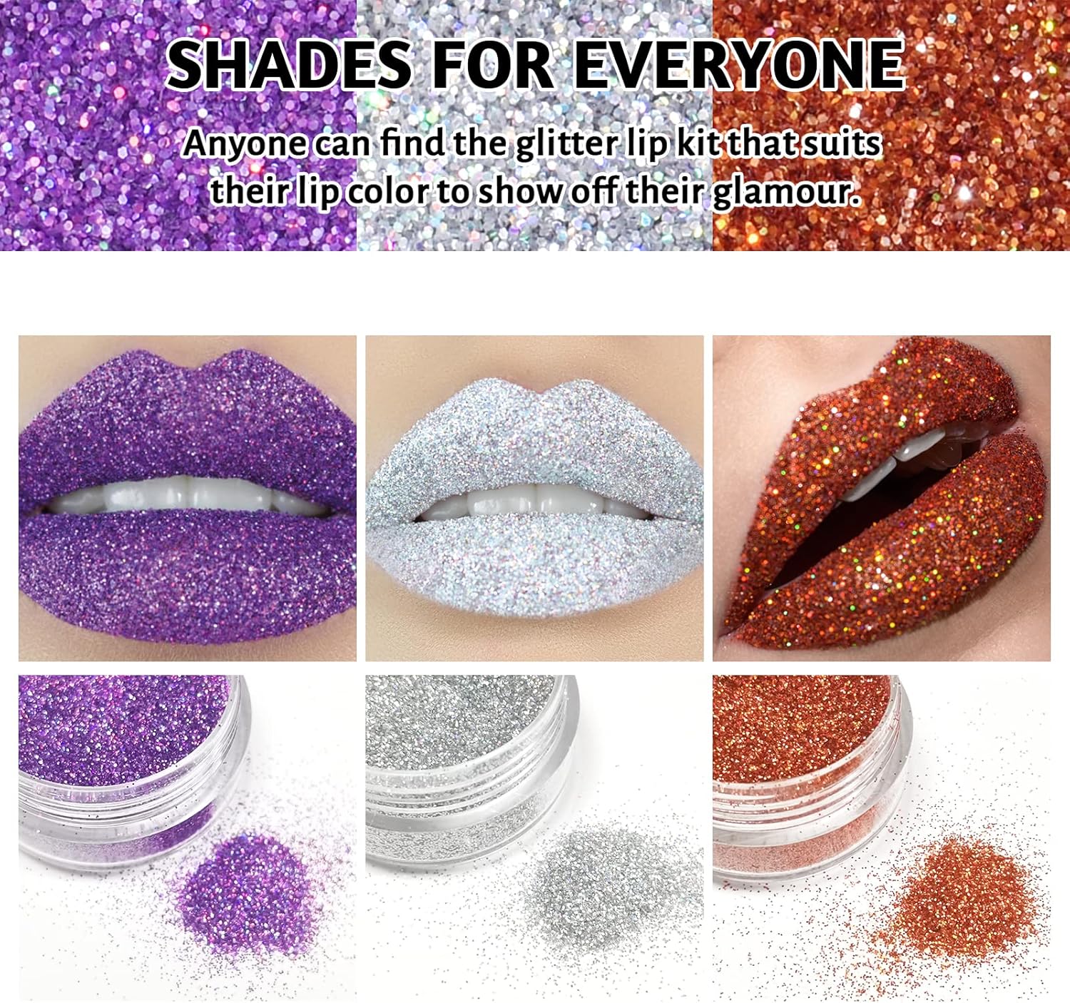 3 Colors Glitter Lip Kit, Diamond and Metallic Powder With Primer, Waterproof Long Lasting & Smudge Proof, Shimmer Sparkly Cosmetic Without Sticky Flake Off Set C-FemmiqueWomen