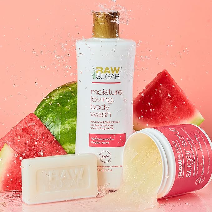 RAW SUGAR Simply Body Wash Variety Trio (25 Fl Oz, Pack of 3) Vegan Bath & Shower Gel, Raw Coconut + Mango, Pineapple + Maqui Berry + Coconut and Watermelon + Fresh Mint, No Sulfates & Parabens-FemmiqueWomen