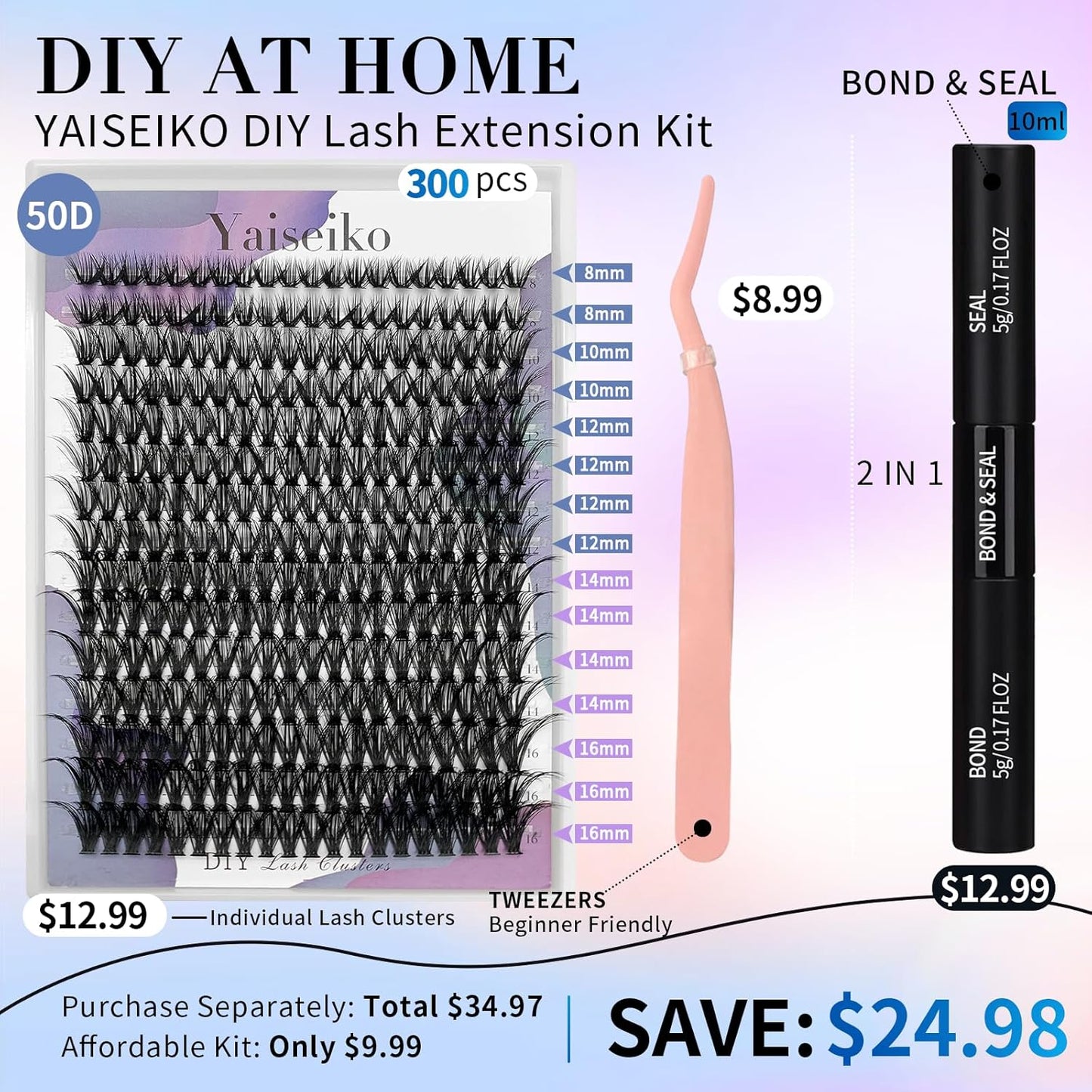 Lash Extension Kit 50D Fluffy Cluster Eyelash Extensions Kit 300 Pcs DIY Individual Lashes Kit with Lash Bond and Seal and Lashes Tweezers 8-16mm Mix D Curl Wispy False Eyelashes Pack, by Yaiseiko-FemmiqueWomen