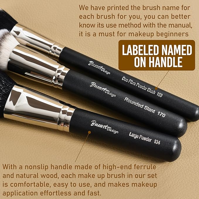 Makeup Artist MUST HAVES 42Pcs Makeup Brushes Set with Real Natural Goat Hair By BUEART DESIGN (42Pcs Matte Pearl Black)-FemmiqueWomen