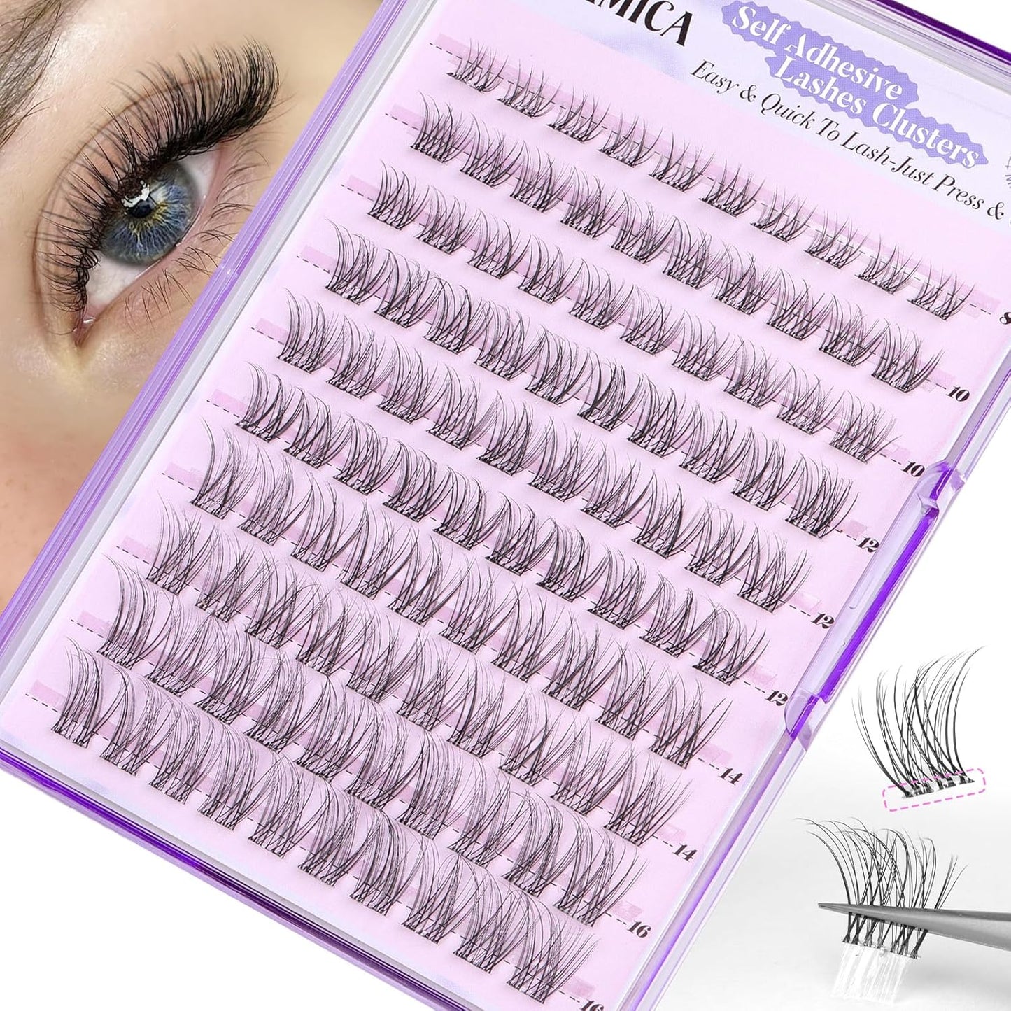 Yawamica Natural Self Adhesive Lash Clusters 10-16mm Reusable Press On Lashes No Glue Needed Eyelash Clusters Invisible Clear Band Pre Glued Cluster Lashes for Effortless Salon Eyelash Extension Look-FemmiqueWomen