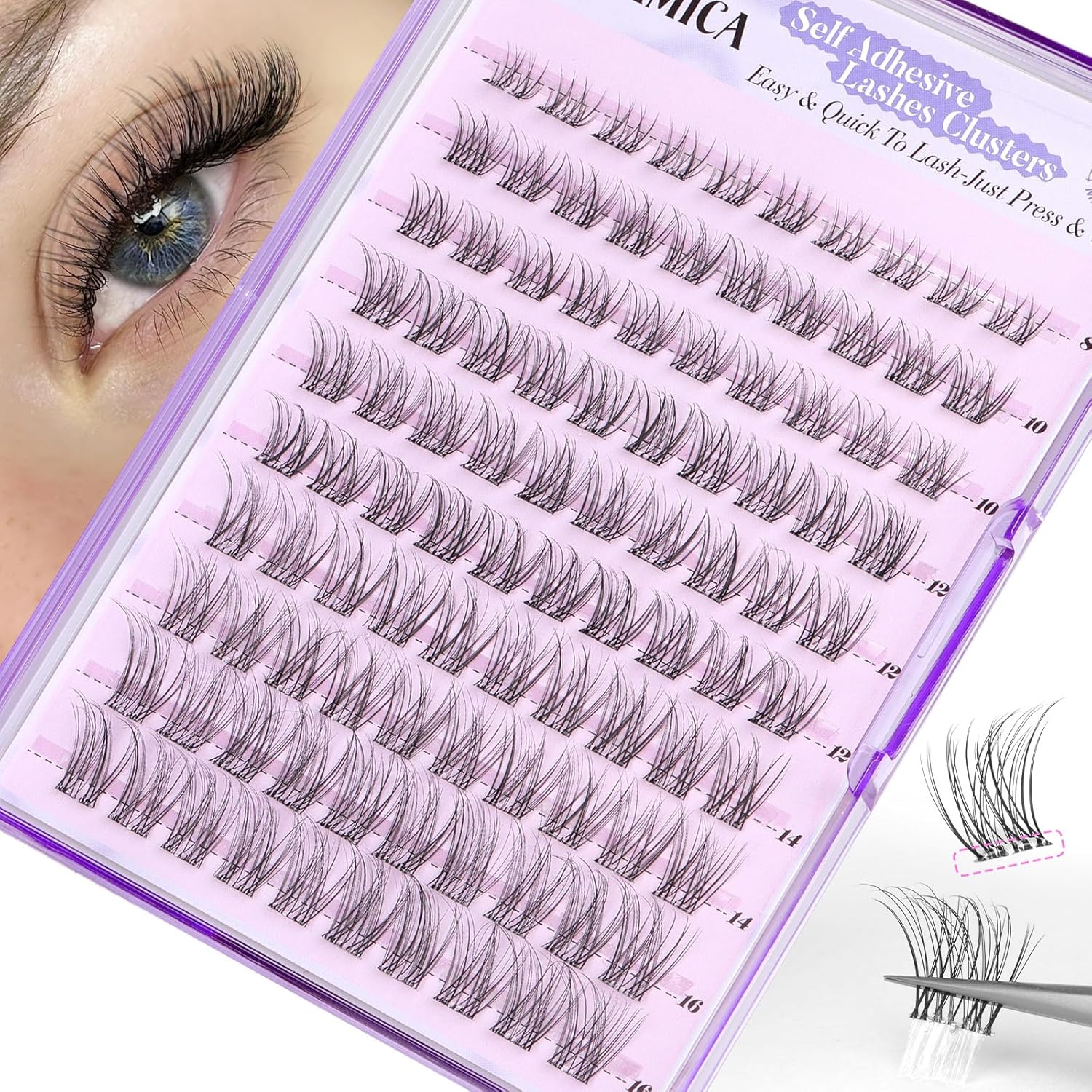 Yawamica Natural Self Adhesive Lash Clusters 10-16mm Reusable Press On Lashes No Glue Needed Eyelash Clusters Invisible Clear Band Pre Glued Cluster Lashes for Effortless Salon Eyelash Extension Look-FemmiqueWomen