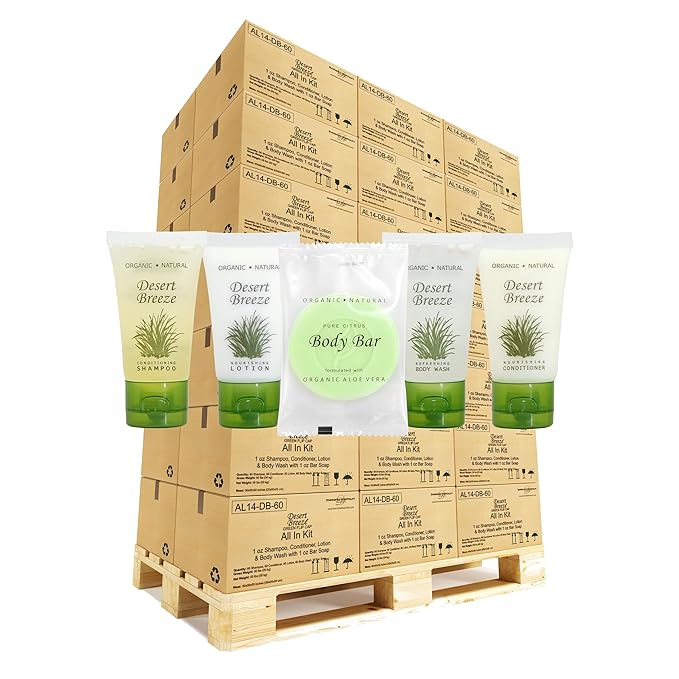 Desert Breeze Hotel Soaps and Toiletries Bulk Set | 1oz Hotel Shampoo & Conditioner, Body Wash, Body Lotion & Bar Soap | Full Pallet 49 cases with 300 units each - 14,700 pieces-FemmiqueWomen