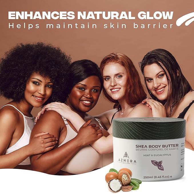 AZMERA Handcrafted Whipped Shea Body Butter – Refreshing Mint & Eucalyptus Scented Moisturizer for Dry, Sensitive Skin, Argan Oil & Vitamin E – Vegan, Non-Greasy Skincare – 8.82 oz-FemmiqueWomen