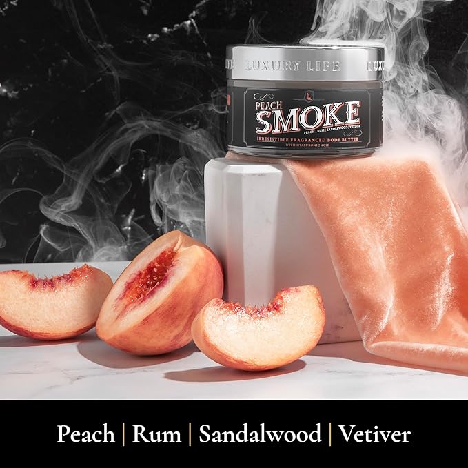 LUXURY LIFE BUTTER - Irresistibly Scented Body Butter with Hyaluronic Acid for Ultimate Moisture. Luxurious Natural Fragrance. Hydrates for a Non-Greasy Glamorous Glow, Peach Smoke, 5 oz.-FemmiqueWomen