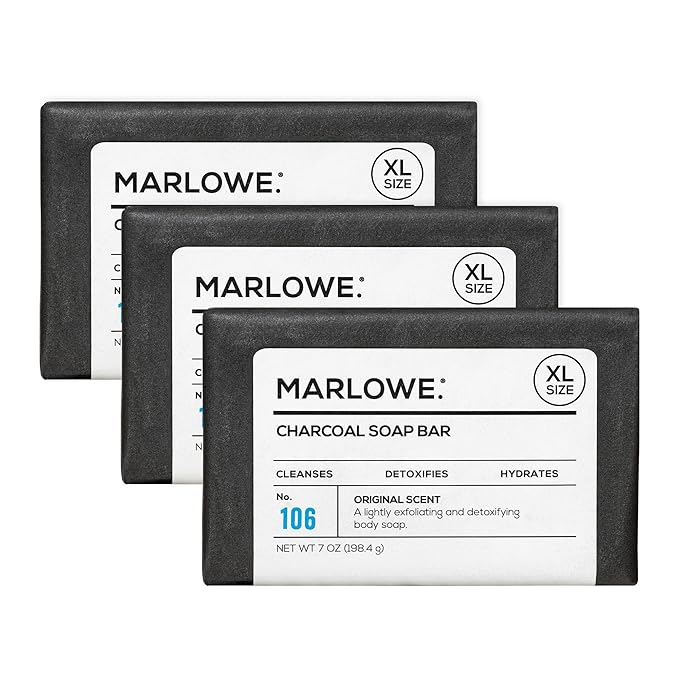 MARLOWE. No. 106 Charcoal Soap 7 oz (3 Bars) Body Bar Soap for Men, Cleansing, Purifying & Hydrating with Natural Extracts, Shea Butter, Olive Oil & Green Tea Extracts, Fresh Woodsy Scent-FemmiqueWomen