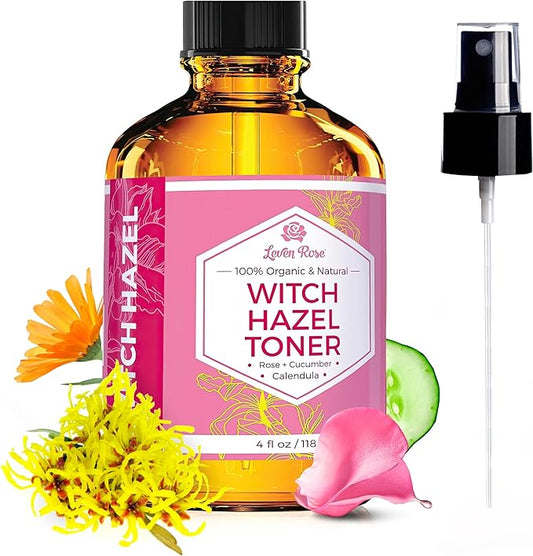 Witch Hazel Alcohol Free Toner by Leven Rose, 100% Pure Organic Facial Rose Water with Rose Petals, Calendula, Cucumber, and Chamomile Flower 4 oz-FemmiqueWomen