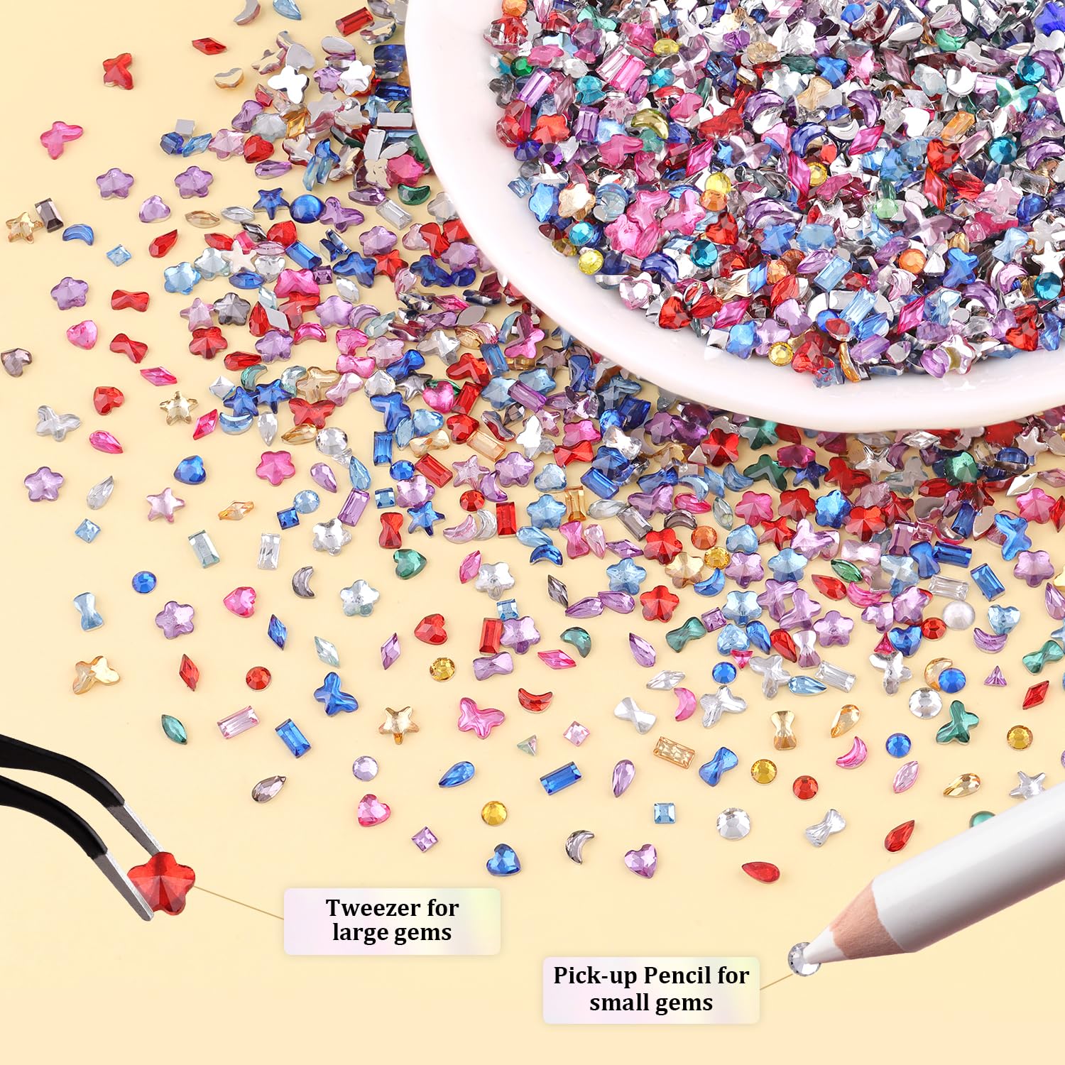 1.2-3 MM 4700 PCS Muliti Shape Colorful Rhinestones for Nail Art, 3D Resin Flatback Bedazzling Gems Mini Flower Bow Heart Star Butterfly, Gems Kit with Tweezers, Pickup Pencil and 15ML Nail Glue-FemmiqueWomen