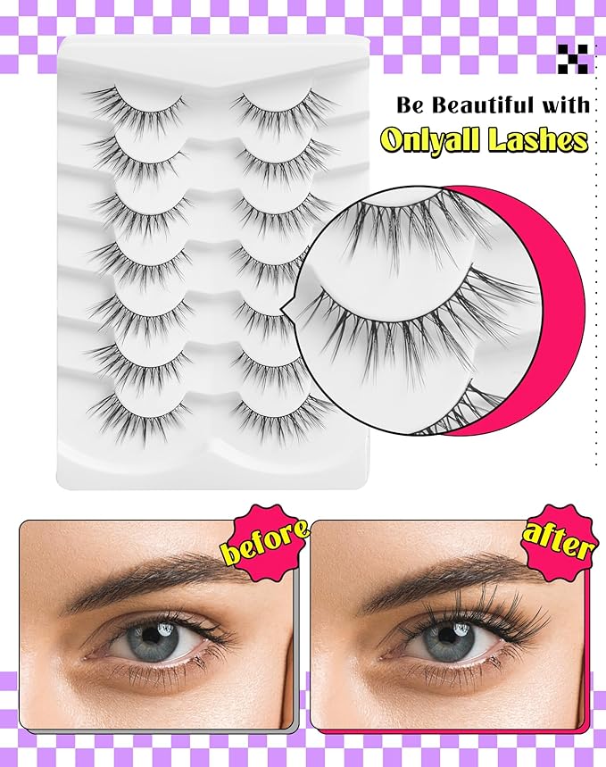 Onlyall Wispy Lashes - Natural Flared False Eyelashes, Soft Fluffy, 7 Pairs DK56-FemmiqueWomen