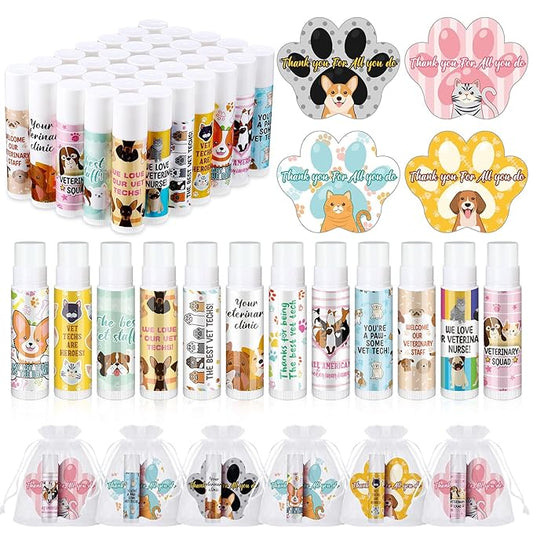 36 Sets Vet Tech Gift Animal Lip Balm Thank You Tag Organza Bag Veterinarian Appreciation Gifts Vet Tech Week Gift for Veterinary Technologist Nurse Birthday Christmas End of Year Supplies-FemmiqueWomen