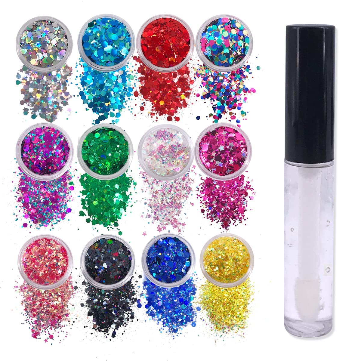 12 Pack - Multi-Colored Face & Body Glitter - Glue Included - Rainbow Chunky Glitter - Uses Include: Festival Rave Makeup Face Body Nails Resin Arts & Crafts, Resin, Tumblers, Bath Bombs-FemmiqueWomen