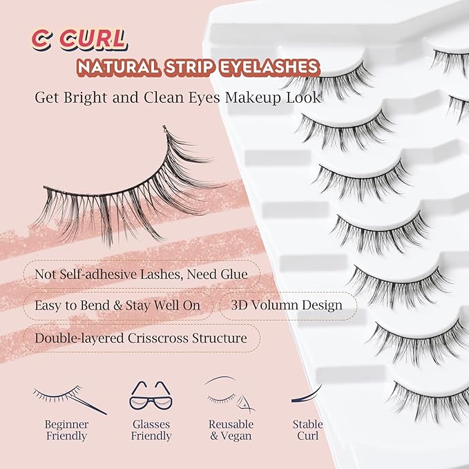 Manga Lashes Natural False Eyelashes 10MM Short Anime Lashes Thin Band Korean Lashes 3D Volume Strip Lashes Wispy Manhua Eyelashes 7 Pair Asian Lashes Siligli-FemmiqueWomen