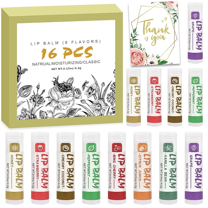 16 Pack Lip Balm, Natural Lip Balm Bulk with Vitamin E and Coconut Oil, Moisturizing Lip Balm for Dry Cracked Lips, Lip Balm for Stocking Stuffers - 8 Flavors-FemmiqueWomen