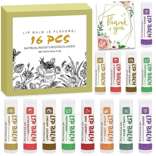 16 Pack Lip Balm, Natural Lip Balm Bulk with Vitamin E and Coconut Oil, Moisturizing Lip Balm for Dry Cracked Lips, Lip Balm for Stocking Stuffers - 8 Flavors-FemmiqueWomen
