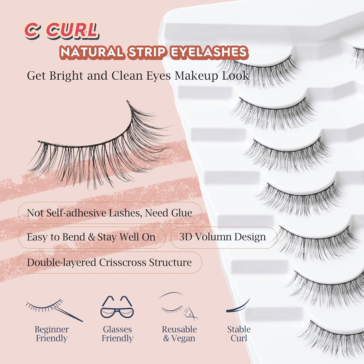 False Lashes Eyelashes Wispy 10MM Short Lash Natural Thin Band Strip Eyelash 3D Volume C Curl 7 Pair-FemmiqueWomen