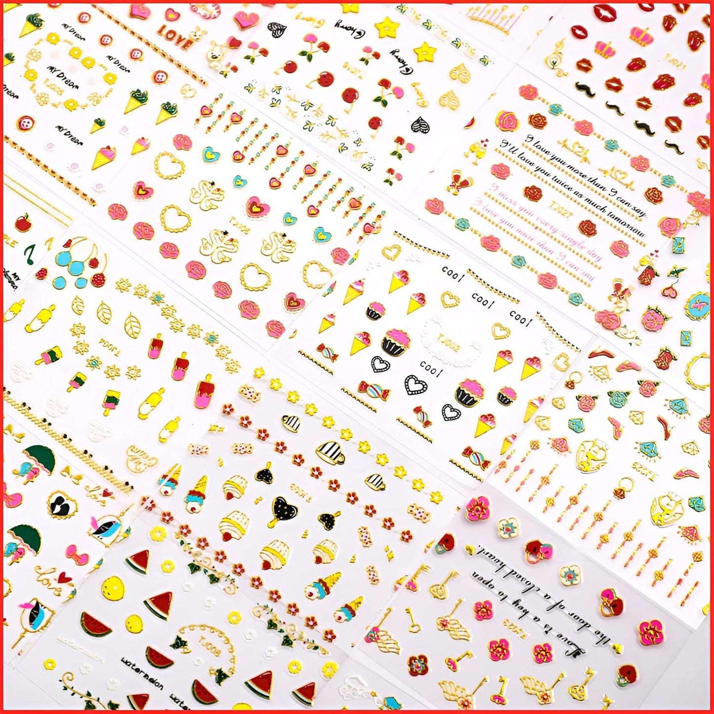 30 Sheets Valentine's Day Nail Art Stickers Red Heart Nail Decals 3D Self-Adhesive Rose Lip Kiss Nail Supplies DIY Acrylic Nails Decoration Accessories for Women and Girls-FemmiqueWomen