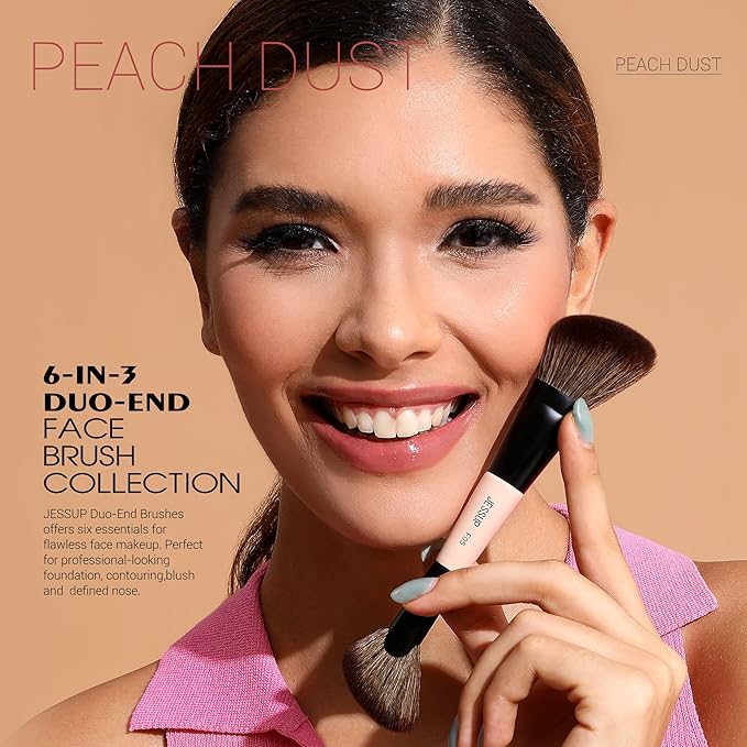Jessup Face Makeup Brushes 3pcs Double Ended Makeup Brush Set for Foundation Contour Blush Highlight and Powder, Premium Synthetic Make up Brushes Peach Dust T508-FemmiqueWomen