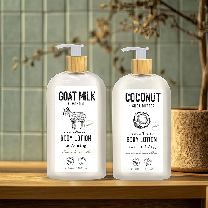 Skin Verse Body Lotion, Goat Milk, Almond Oil Body Lotion, Softening, Almond Vanilla, Coconut, Shea Butter Body Lotion, Moisturizing, Coconut Vanilla, 28 fl. oz. | Home and Body Co-FemmiqueWomen