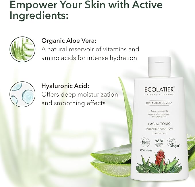 Organic Aloe Vera Facial Toner - 98% Natural Ingredients - Intense Hydration, Hyaluronic Acid, 98% Natural, Vegan - Deep Moisture, Refreshes, and Revitalizes The Skin - 8.5 Fl Oz / 250ml-FemmiqueWomen