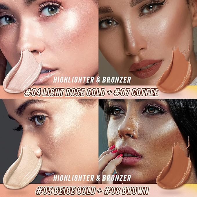 2 Pcs Cream Contour Stick Makeup Kit, Cream Highlighter Stick & Contour Bronzer Stick for Cheeks, Lightweight Blendable Smooth -Highlighter (#03 Champagne Gold #06 Silver)-FemmiqueWomen