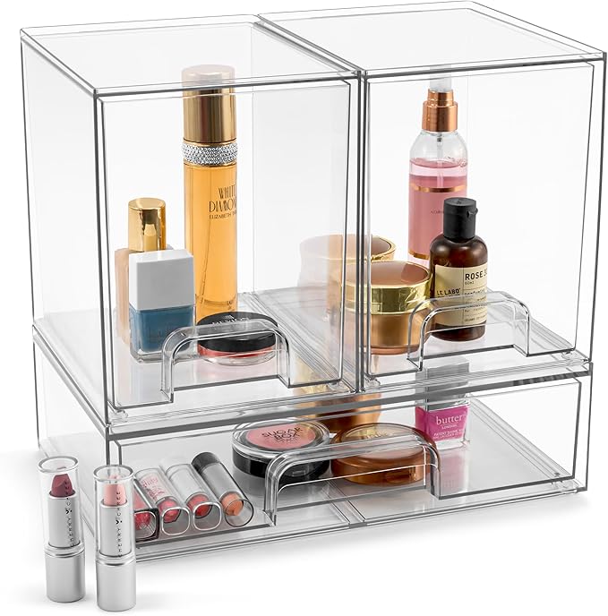 Sorbus Acrylic Storage Containers - 3 Pack, Stackable Storage Bins Set for Bathroom Organization - Clear Acrylic Drawer Organizers - Makeup Case Pull-Out Drawers (7.6’’ Tall and 12.1’’ Wide)-FemmiqueWomen