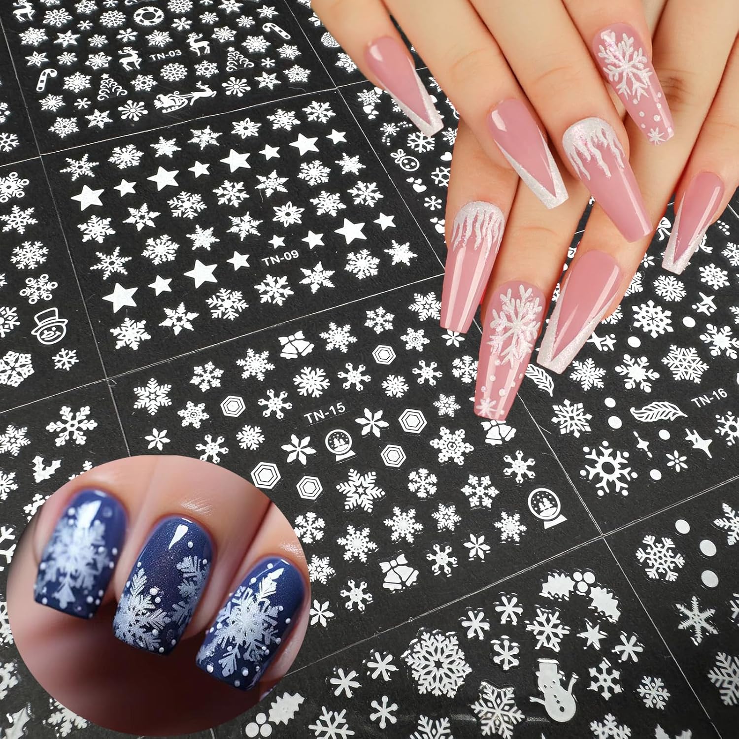 30 Sheets Christmas Nail Art Stickers 3D Self-Adhesive Snowflake Holiday Nail Stickers White Snowmen Santa Claus Elk Decals Decorations Supplies for Women (Snowflake)-FemmiqueWomen