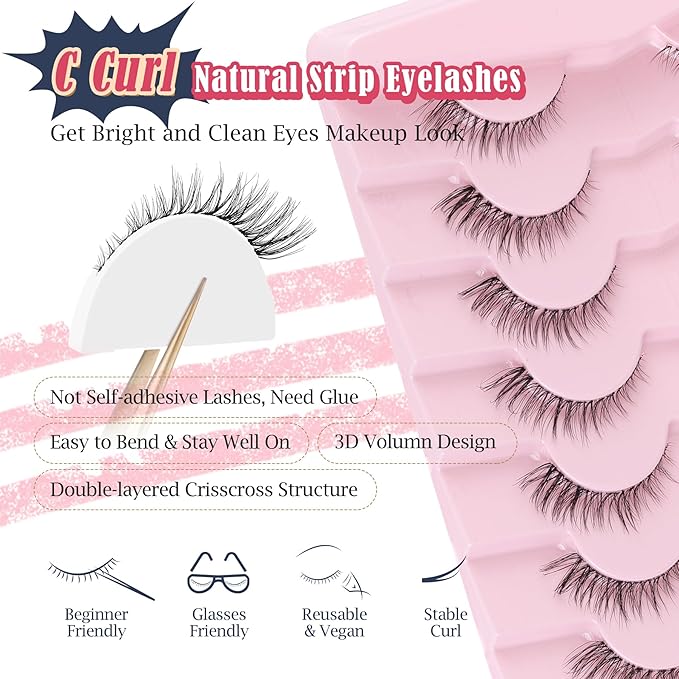 Cat Eyelashes Natural Eye Lashes 12mm False Lashes Wispy Thin Band 3D Volume Fake Eyelash C Curl Lash Pack Natural Look 7 Pair-FemmiqueWomen