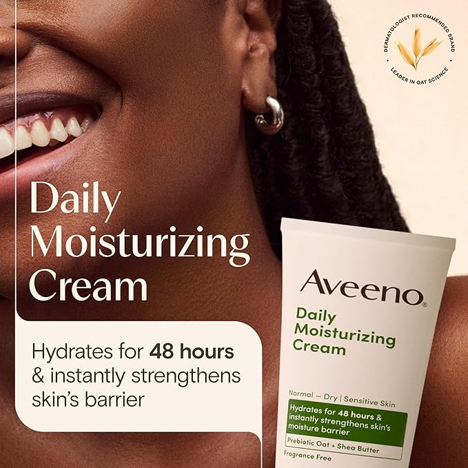 Aveeno Daily Moisturizing Cream with Prebiotic Oat & Shea Butter, Body, Face & Hand Cream for Normal to Dry, Sensitive Skin Hydrates for 48 Hours, Fragrance Free & Non-Comedogenic, 7.5 oz-FemmiqueWomen