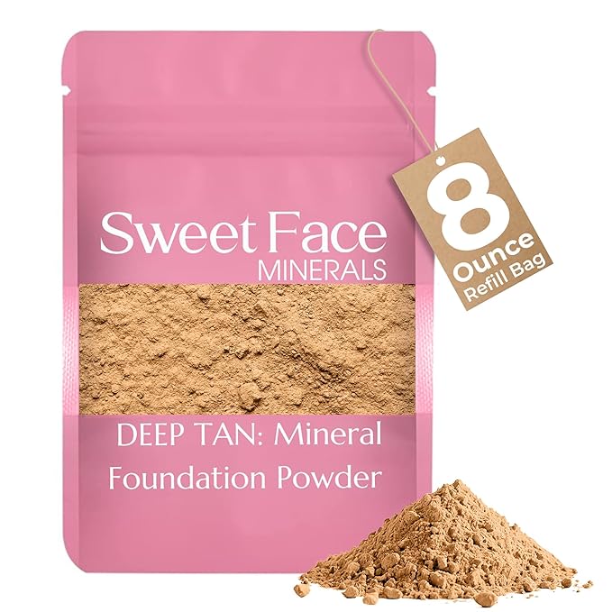 (8 Ounce) (Deep Tan) Foundation Powder Refill By Sweet Face Minerals, Lightweight Mineral Loose Makeup Powder with SPF 20, Full Coverage Flawless Finish, Talc-free, Cruelty-Free, Refillable Pouch-FemmiqueWomen