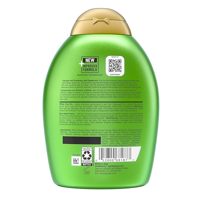OGX Clarifying Strength + Rosemary Mint Shampoo, Clarifying Shampoo for Oily Hair Visibly Helps Remove Oil & Residue to Clear Away Buildup, Sulfate-Free Surfactants, 13 fl. oz-FemmiqueWomen