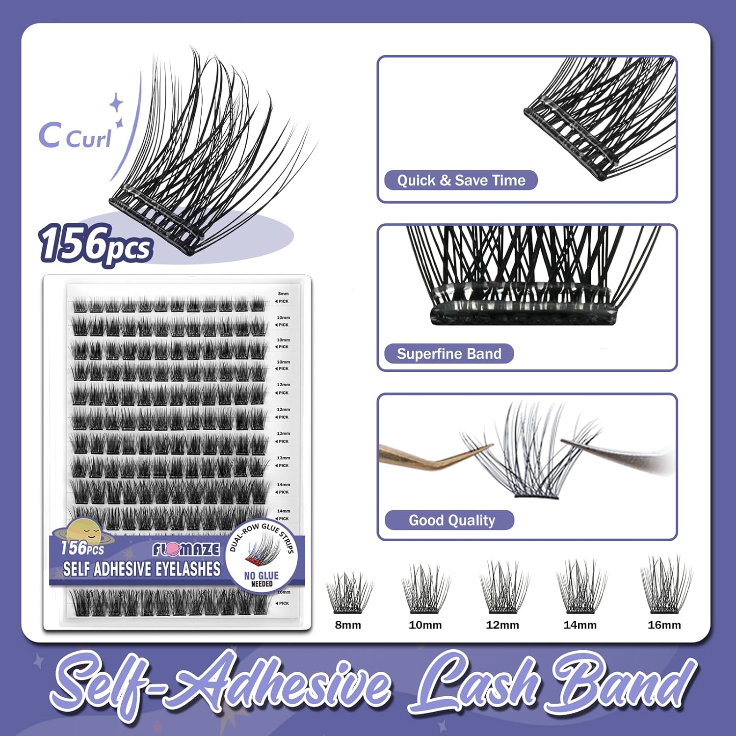 Self Adhesive Eyelashes, 156 PCS Self Adhesive Eyelash Clusters, No Glue Needed, Dual-row Glue Strips 8-16mm Mixed Individual Lash Extension Super Sticky Reusable False Lashes-FemmiqueWomen
