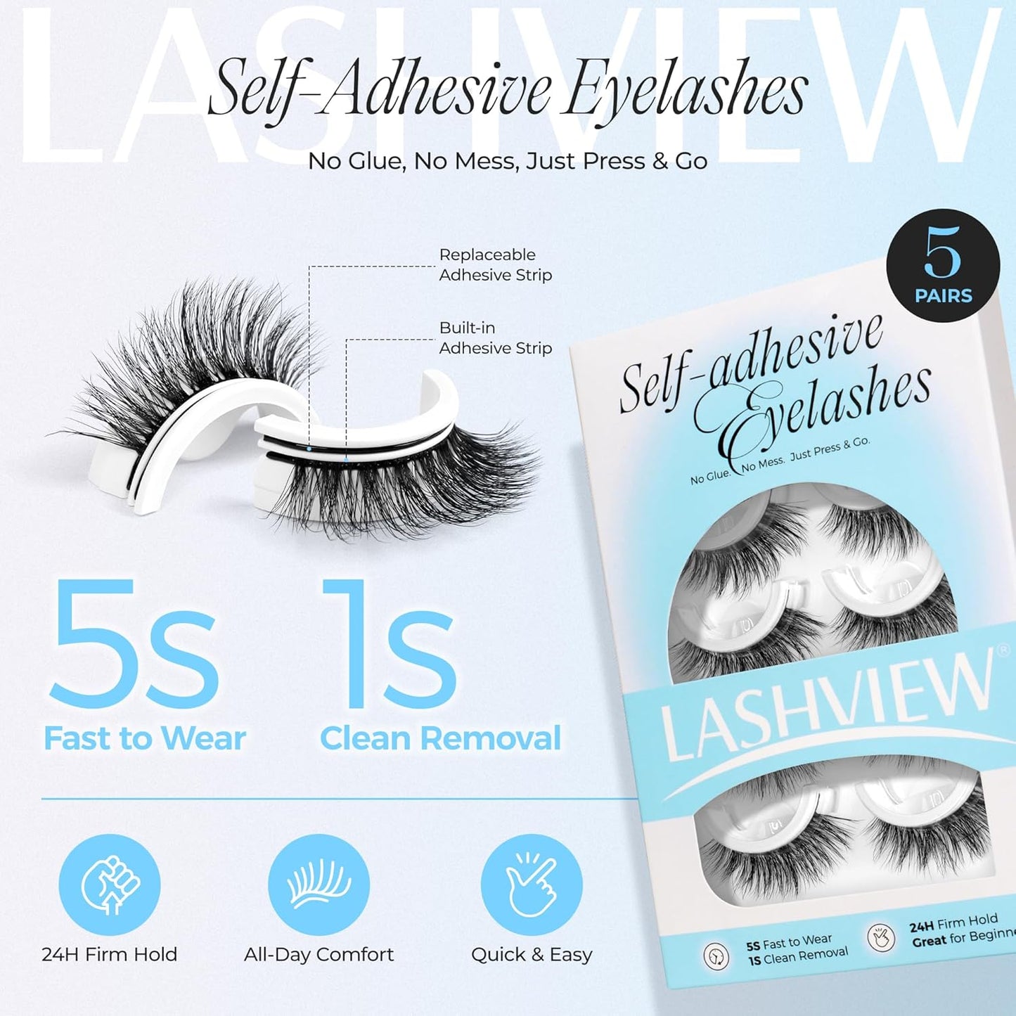 LASHVIEW Self Adhesive Eyelashes 5 Pairs Cat Eye Wispy Self-adhesive False Lashes Reusable Natural Look Press On Lashes No Glue Need Eyelashes with Replacement Adhesive Strips (CV130)-FemmiqueWomen