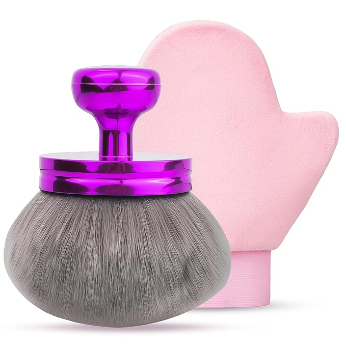 Self Tanner Brushes- Extra Large Body Kabuki Brush & Tanning Mitt, 2 Pcs, Big Body Makeup Brush for Legs, Face, Soft Self Tanning Glove Applicator for Fake Tan, Foundation, Lotion, Makeup (Purple)-FemmiqueWomen