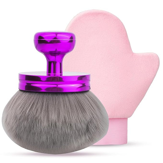 Self Tanner Brushes- Extra Large Body Kabuki Brush & Tanning Mitt, 2 Pcs, Big Body Makeup Brush for Legs, Face, Soft Self Tanning Glove Applicator for Fake Tan, Foundation, Lotion, Makeup (Purple)-FemmiqueWomen