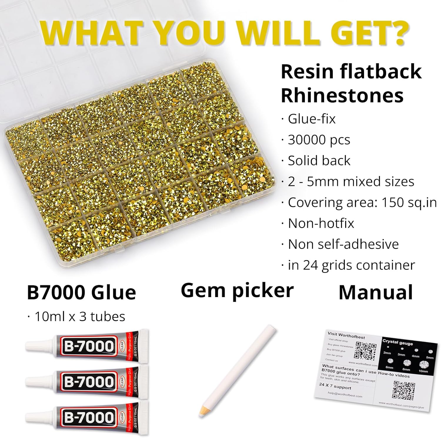 30000Pcs Resin Rhinestones Set for Crafting Bedazzling, Metallic Gold Flatback Gems Jewels for Crafts Clothes Shoes Fabric Outfit Nails Makeup, Flat Back Crystal 2-6mm with b 7000 Glue-FemmiqueWomen