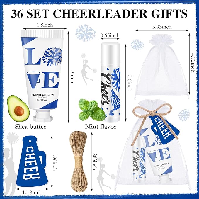 144 Pcs Blue Cheer Favors Natural Bulk Lip Balm and Hand Cream Set, Include 36 Lip Balm 36 Moisturizing Hand Cream 36 Bags 36 Card and Rope cheer accessories for Team Sports Party Supplies-FemmiqueWomen