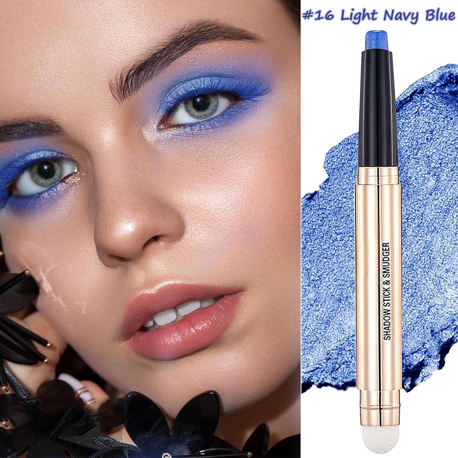 2 in 1 blue Eyeshadow stick and Sponge Makeup Brush, Smooth Cream Shimmer Shadow Pencil Long Lasting Waterproof Eye Shadow Highlighter Stick Makeup , Hypoallergenic Eyeshadow, Highlighter Eye Liner-FemmiqueWomen